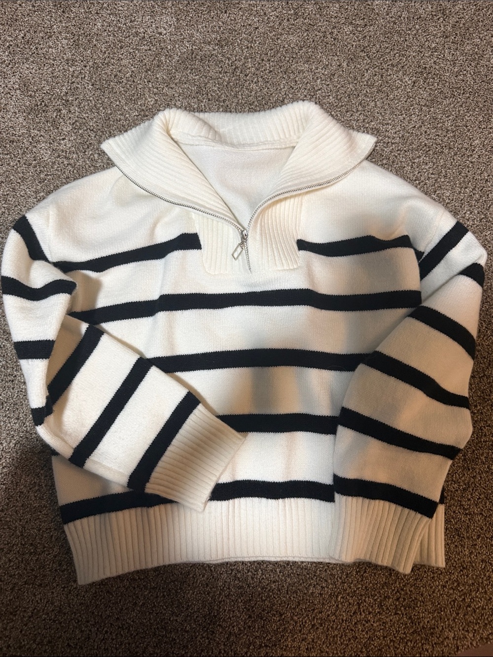 Women’s White Half-Zip Sweater with Black Stripes